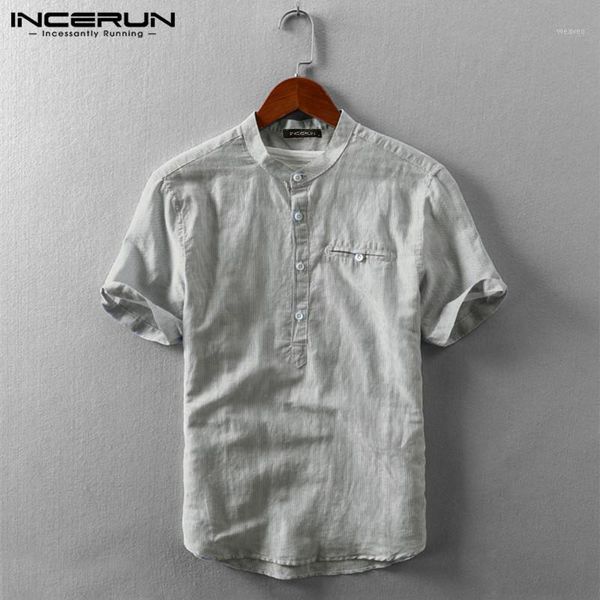 

incerun 2020 men striped shirt short sleeve stand collar summer cotton streetwear camisa breathable harajuku brand casual shirts1, White;black