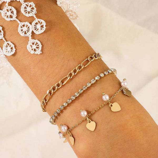 

tocona 3pcs/sets luxury pearl stone tassel bracelets for women charming heart clear rhinestone gold chain jewelry gift 14802, Golden;silver