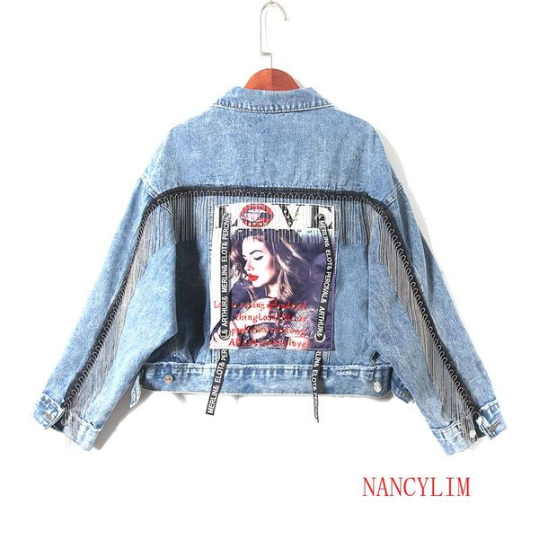 

fashion back tassel patch cloth denim coat women 2020 spring autumn new loose long sleeve casual jeans jacket outwear girls, Black;brown