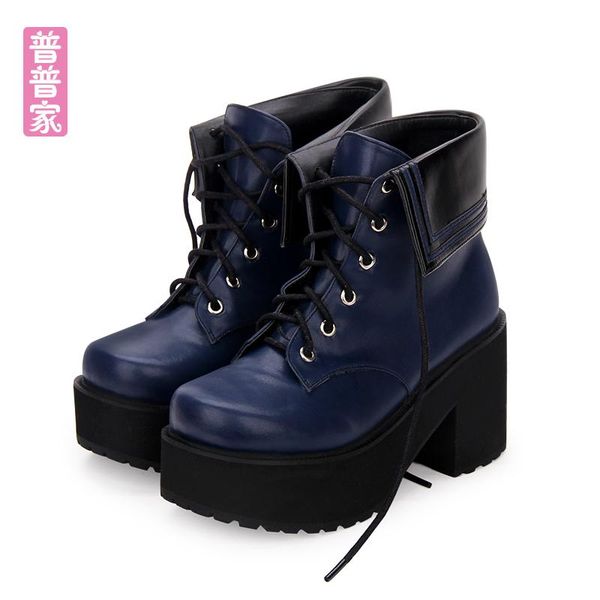 

boots princess sweet lolita shoes japanese cool wind high heeled round head thick muffin collar navy tie short women pu8878, Black