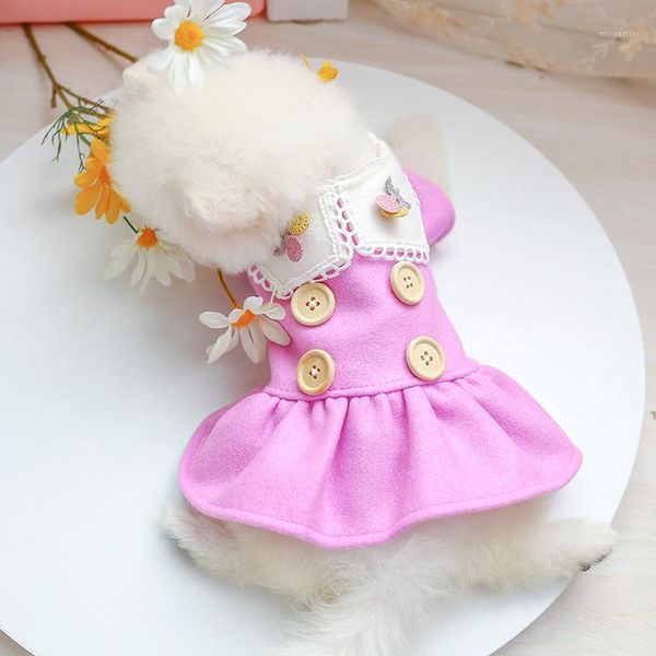 

dog apparel puppy purple cherry woolen dress pet cat outfits small spring autumn warm doll collar buttons coat cute skirt1