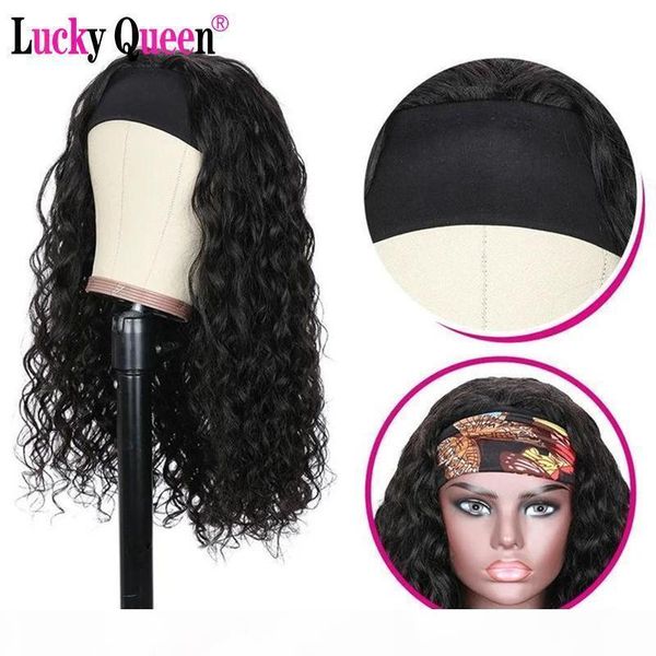 

lucky queen water wave headband scarf wig glueless human hair wigs for african american women affordable headband wig, Black;brown