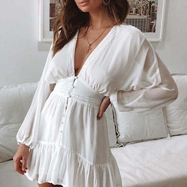 

v neck womens spring summer dress white lace long sleeve party dress drop shipping good quality, Black;gray