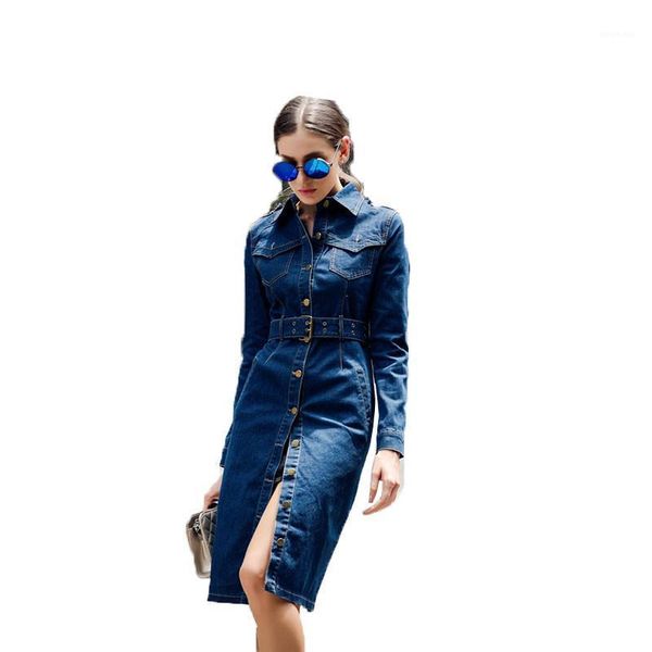 

women denim trench coat spring new retro badges split fork large size 5xl windbreaker autumn long belt denim dress ladies' coat1, Tan;black