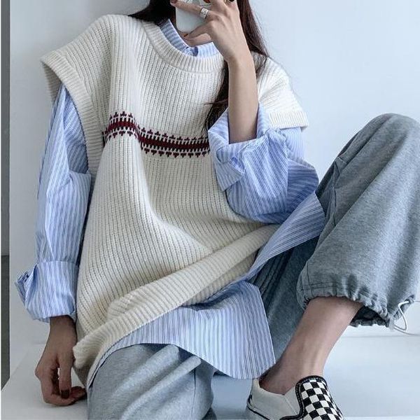 

two-piece suit/autumn new retro casual simple wind stacked knitted vest sweater striped shirt, Gray
