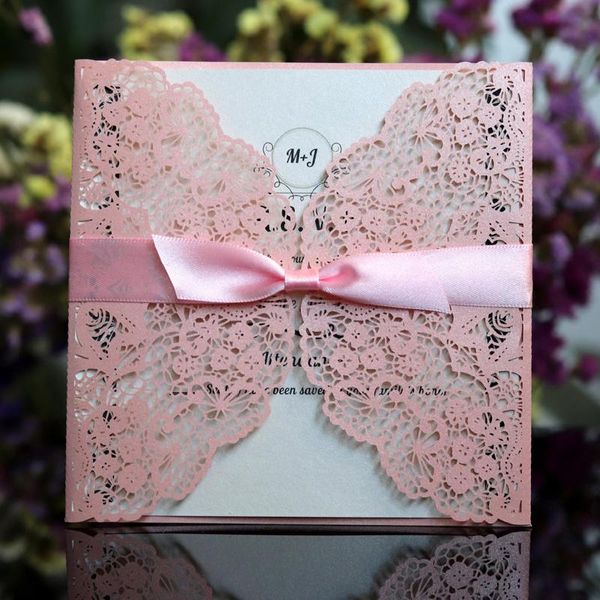 

1pcs elegant square hollow laser cut wedding invitation card paper with ribbon personalized wedding decoration party supplies jlllwc