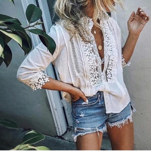 

womens lace and blouses elegant ladies hollow out half sleeve v neck shirt summer boho beach blouse blusa feminina1, White