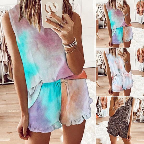

2020 new womens clothes set sleeveless t shirt + short leopard summer women's printed tie-dye clothing set1, Gray