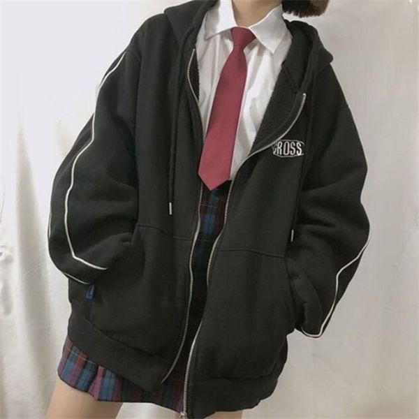 

streetwear harajuku oversized sweatshirt women print letter zip up hoodies student plus size outwear female loose q1217, Black;white