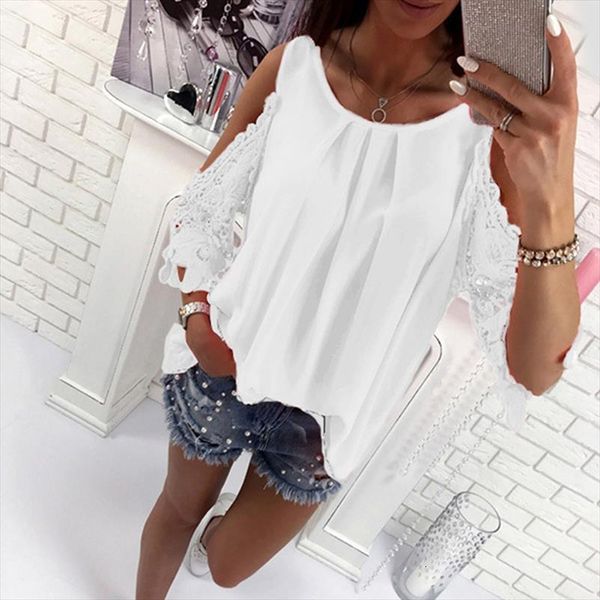 

womens casual off shoulder blouse shirts summer hollow out sleeve lace patchwork shirt ladies blouse boho tunic, White