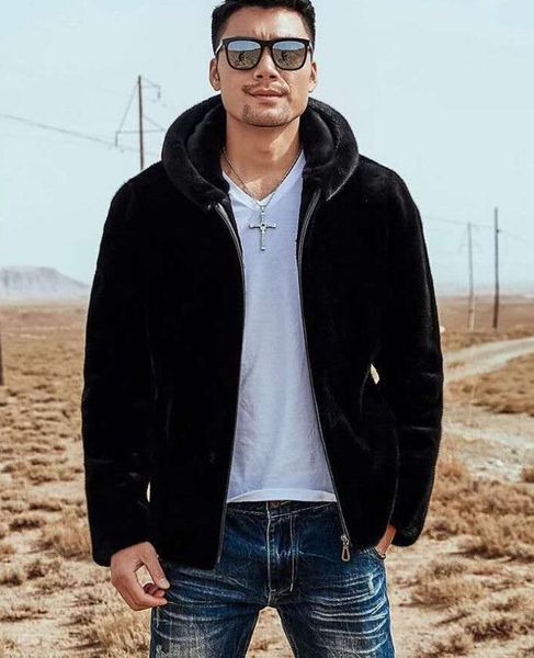

2020 new imitation mink coat men's leather jacket plus velvet thickening imitation mink coat hooded men's clothing, Black