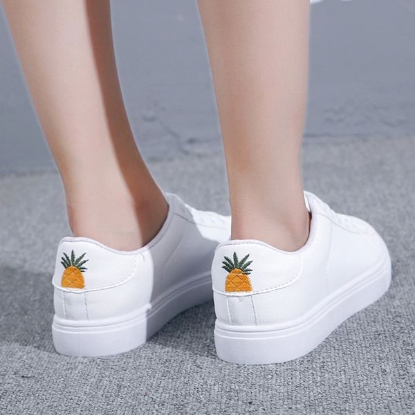 

women sneakers pu leather lace up shoes pineapple embroidery casual shoes woman white platform sneakers breathable 6782 #ne6p, Black