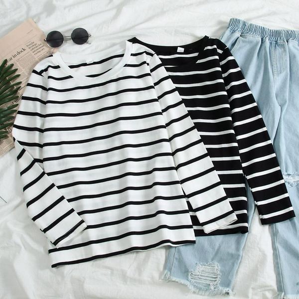 

autumn base t-shirts women long sleeve korean students stripe tshirt fashion leisure slim basic womens clothing simple t shirt1, White