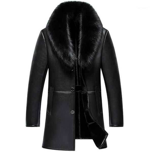 

russian winter fur collar leather jacket men new business casual medium long windbreaker coat male sheep skin jacket 5xl1, Black
