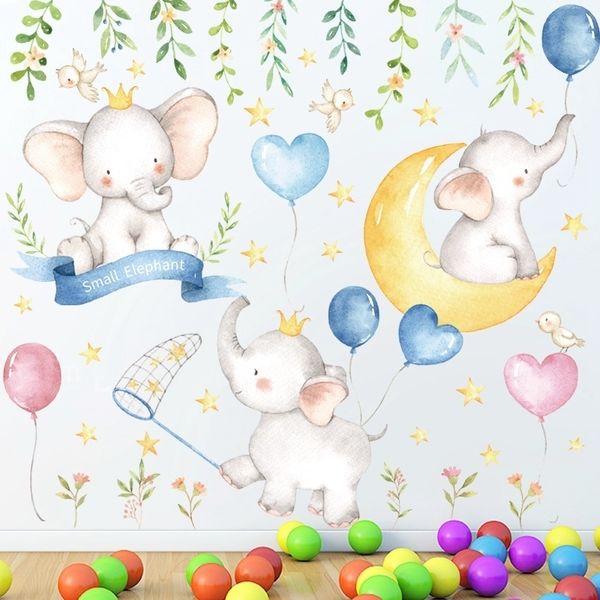 Cartone animato piccolo elefante luna stelle adesivi murali camera da letto bambini baby room vivaio parete decorazioni per la casa decalcomanie rimovibili arte murales Y200102
