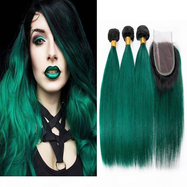 

human hair bundles with closure ombre color t1b green 3pcs wefts with 1pcs closure brazilian virgin hair human hair wefts ing, Black