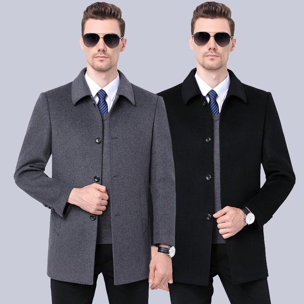 

men's wool & blends and winter double faced overcoat medium length woolen fabric autumn down liner dad middle aged coat, Black