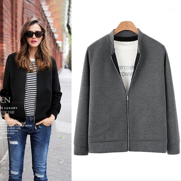 

women long sleeve stand-up collar cardigan solid color zipper coat casual jacket1, Black;brown