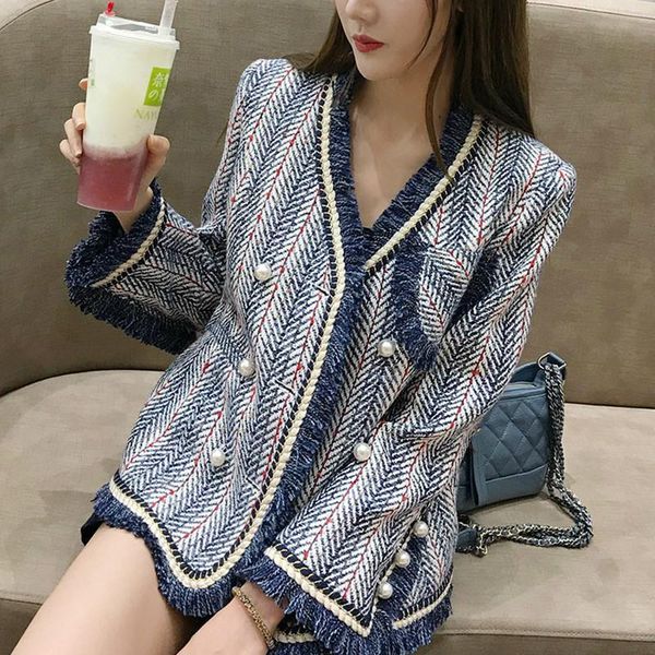 

women's jackets [ewq] 2021spring female sweet v-neck long-sleeved minimalist single breasted plaid patchwork tweed overcoat queen jacke, Black;brown