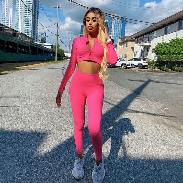 

women's tracksuits autumn and winter european style new fashion cardigan zipper long sleeve trousers tight sports suit, Gray
