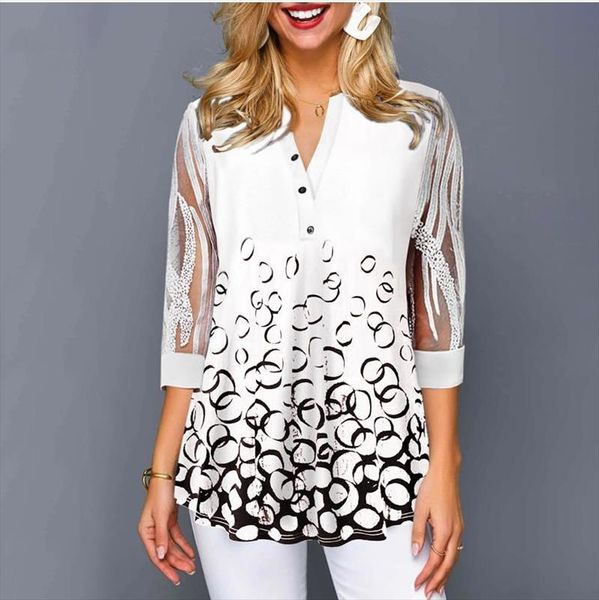 

plus size 4xl 5xl shirt blouse female 2020 spring summer new v neck half sleeve lace splice print boho women shirt, White
