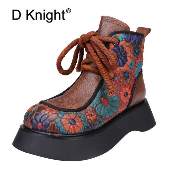

boots punk thick bottom lace up platform wedge shoes woman fashion cool footwear print women genuine leather ankle, Black