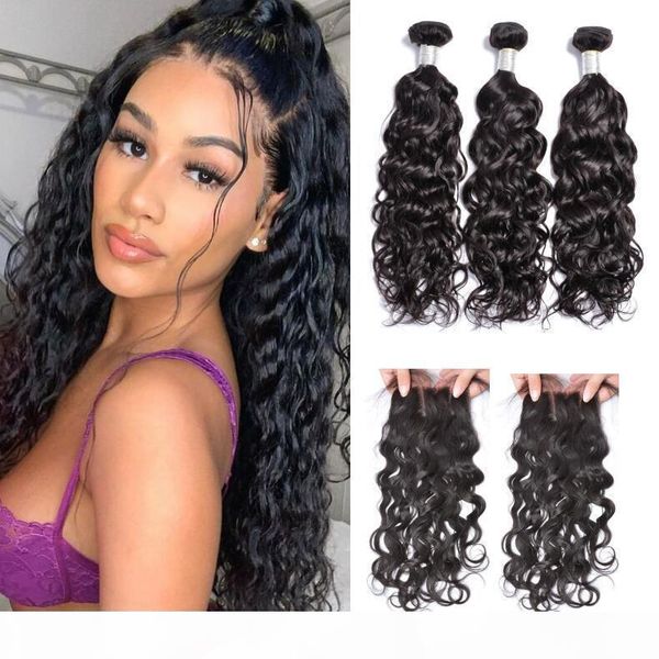 

9a virgin brazilian water wet and wavy human hair weave bundles with lace closure water wave human hair weaves, Black
