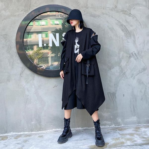 

2020 women sleeveless vest jacket cardigan female men streetwear hip hop punk gothic loose casual black long waistcoat coat1, Black;white