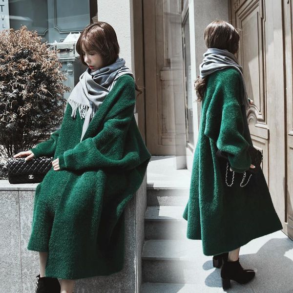 

superaen medium length solid knitted cardigan coat autumn winter new loose mink batwing sleeve thickened sweaters for women, White