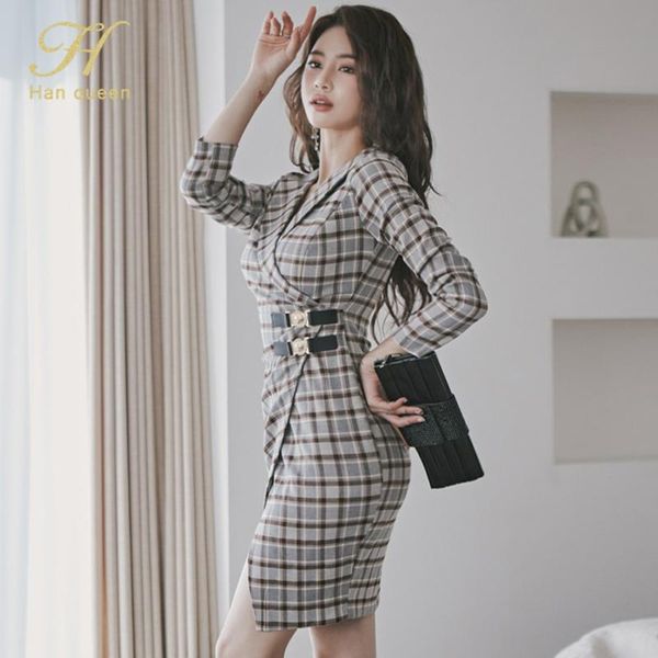 

h han queen spring office women vintage korean chic occupation notched vestido vintage plaid pencil dresses casual bodycon dress, Black;gray