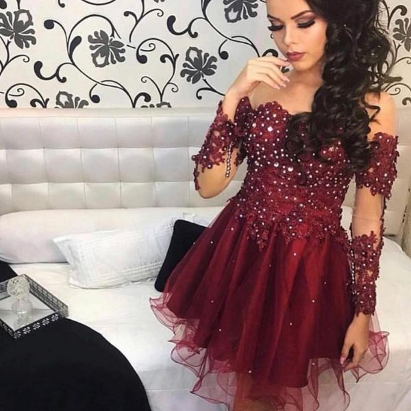 

setwell off the shoulder a-line cocktail dresses long sleeves pleated lace appliques beaded short mini prom party gowns, Black