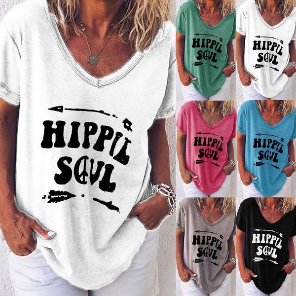 

summer 2020 new short sleeve t-shirt ladies letter printing casual loose plus size v-neck tees women 6 colors, White