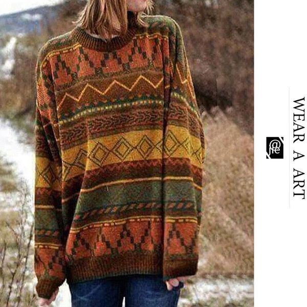 

Women Stitched Knit Sweater Girls Round Neck Top Clothes Ladies Retro Jacquard Pullover Knitwear New Casual Multi-color Autumn/winter 2020, White;black