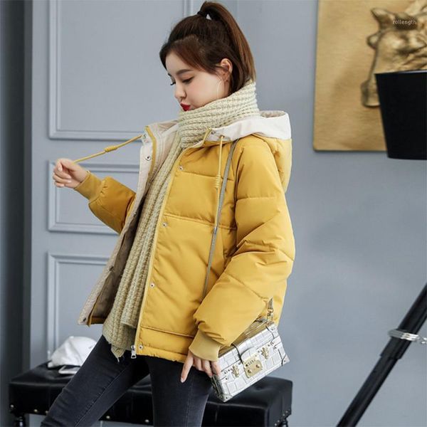 

winter warm thick coat women cotton padded parkas hooded zipper solid long sleeve casual loose femme pockets overcoats blousons1, Black