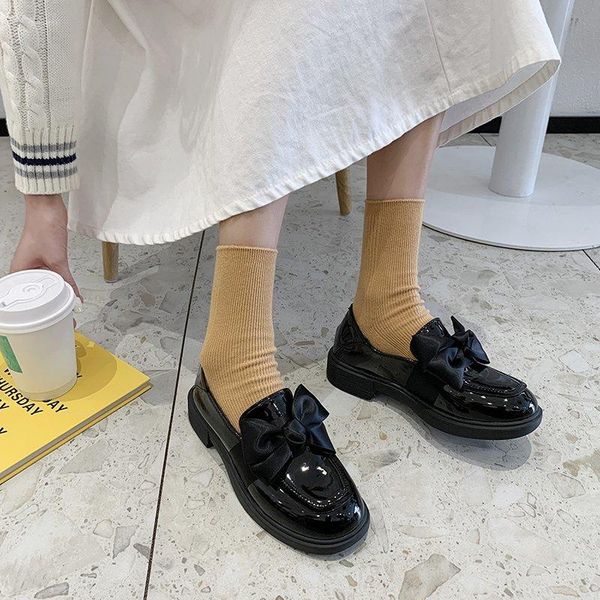 

oxford shoes for women shoes woman solid leather new slip on platform women round toe bow knot casual plus size, Black