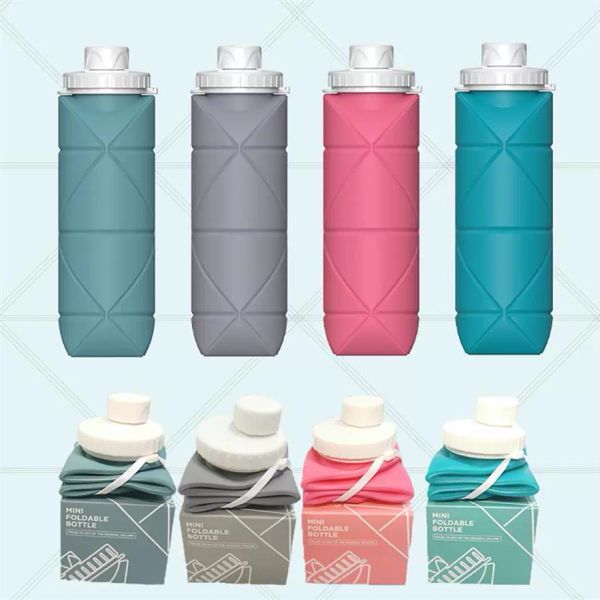 

600ml food grade silicone folding cup sports water bottles travel outdoor riding ride bottle tumbler easy for bring mug