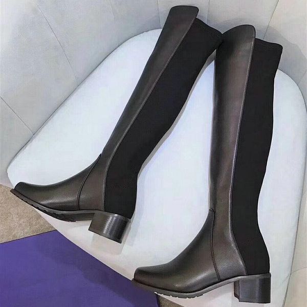 

winter thick heel sw sheepskin round head over knee elastic boots female star same fashion boots 4.5cm heel, Black