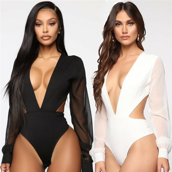 

women's jumpsuits & rompers women deep v neck mesh long sleeve bodysuit romper jumpsuit leotard blouse black bodycon clubwear1, Black;white