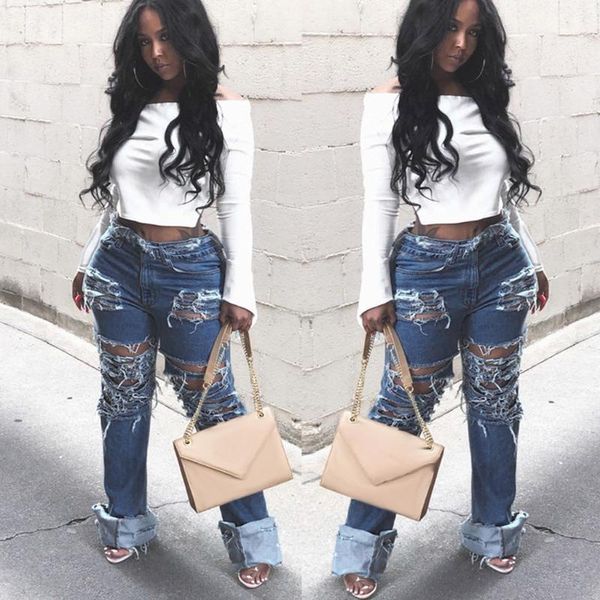 

2020 fashion bleached ripped jeans women cotton denim slim elasticity skinny pants moustache effect vintage jeans femme#g31, Blue