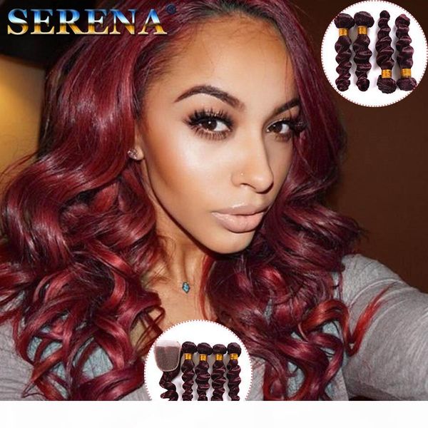 

brazilian loose wave virgin hair burgundy 4 bundles with lace closure wine red #99j human hair with closure 5pcs lot burgundy hair bundles, Black;brown