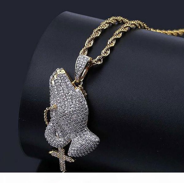

mens retro cross praying hands pendant necklace luxury iced out cubic zirconia micro pave simulated diamonds pendant with gift box 18k gold, Silver