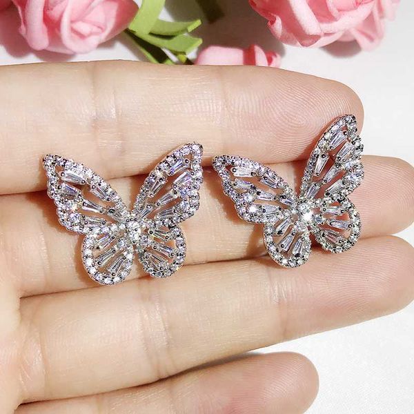 

2021valentine's day gift women earrings creative cubic zirconia butterfly stud earrings elegant korean style sweety earrings for women, Golden;silver