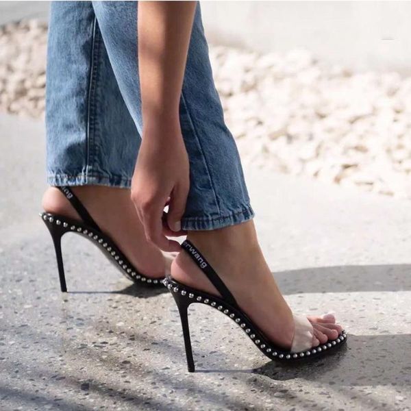 

sling kitten-heel sandals beads peep toe pumps 2021 convertible catwalks transparent metal summer women thin heels cover heel1, Black