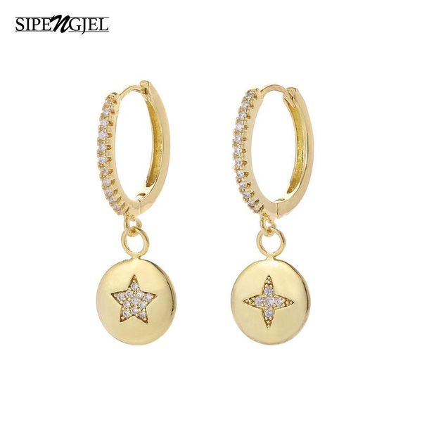 

sipengjel fashion cubic zirconia geometric round gold hoop earrings cute moon star earrings for women jewelry 2021, Golden;silver