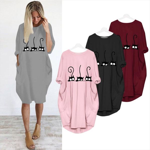 

2020 dress cute cat printing pocket loose dress vintage spring autumn woman casual dresses party women plus size dresses simple, Black;gray
