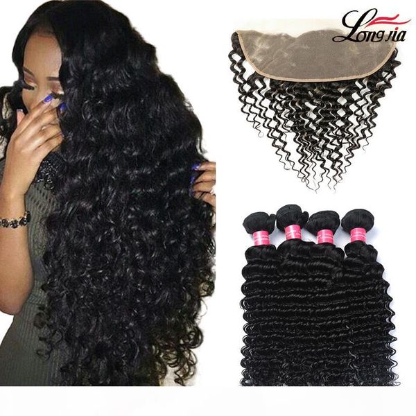 

indian deep wave bundles with frontal 100% human hair 3 4 bundles with closure lace frontal with bundles deep wave human hair, Black
