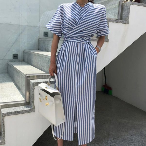 

korean striped women summer cotton blue striped bandage split long dress female long bodycon plus size vestido robe femme ete sukienki, Black;gray