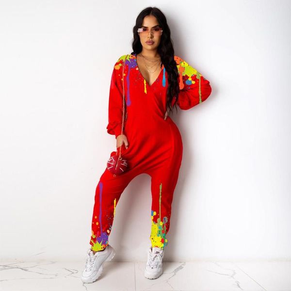 

women's jumpsuits & rompers 2021 autumn sport vintage fashion full sleeve v-neck loose lady red color holiday casual long pant jumpsuit, Black;white