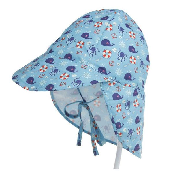 

summer toddler kids baby uv protection swim beach hat cute cartoon whale floral print adjustable outdoor sun cap with neck flap, Blue;gray