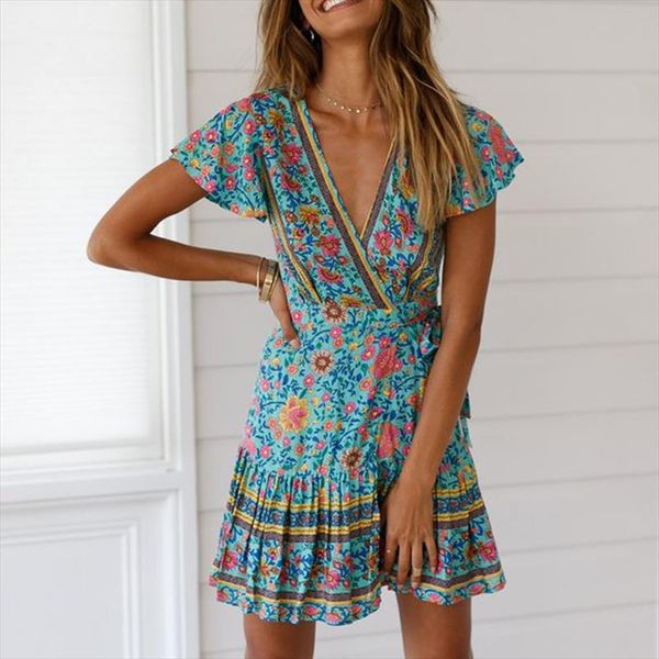 

boho summer vintage print short mini dress women short sleeve v neck a line sundress ladies holiday party dresses, Black;gray
